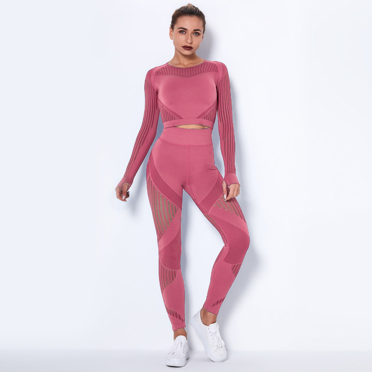 Nahtloses Langarm-Yoga-Set aus Strick für Damen – Schweißableitende Sportbekleidung