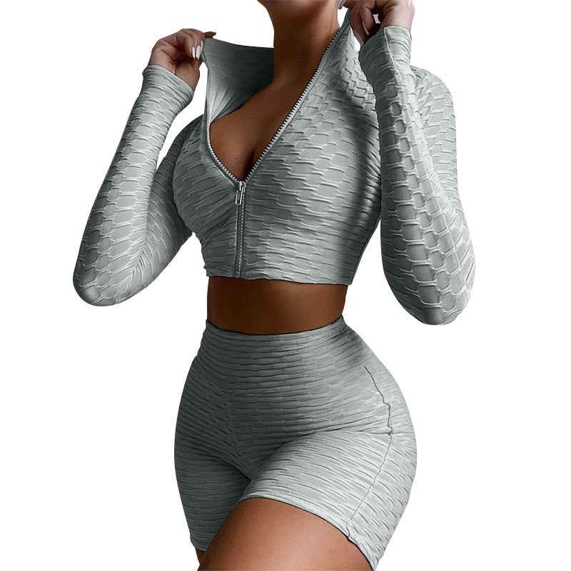 2-teiliges Yoga-Workout-Set für Damen – einfarbiges Oberteil mit Reißverschluss & High-Waist-Shorts