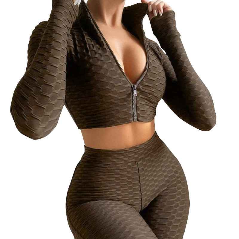 2-teiliges Yoga-Workout-Set für Damen – einfarbiges Oberteil mit Reißverschluss & High-Waist-Shorts