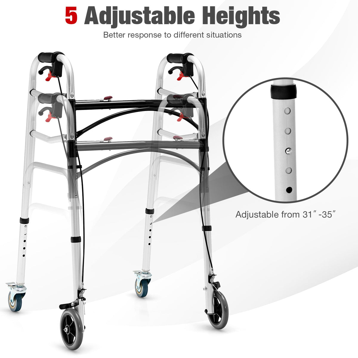 Andador de aluminio con altura ajustable, ruedas giratorias y frenos