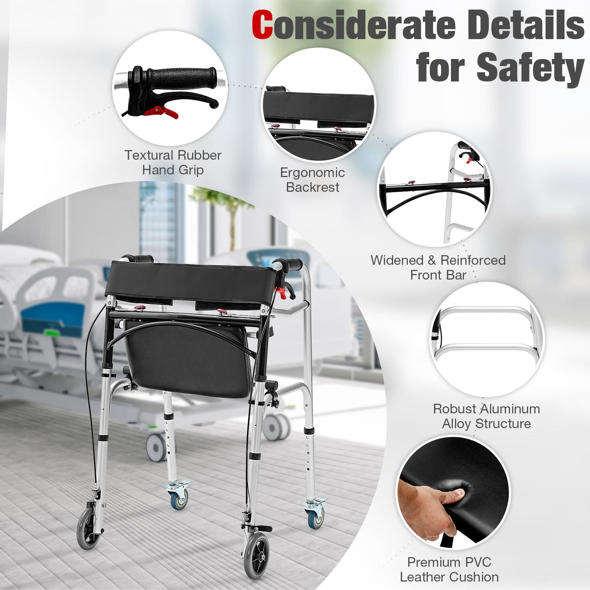 Andador de aluminio con altura ajustable, ruedas giratorias y frenos