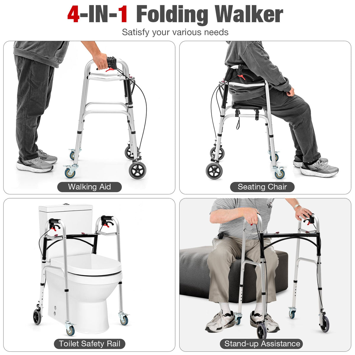 Andador de aluminio con altura ajustable, ruedas giratorias y frenos