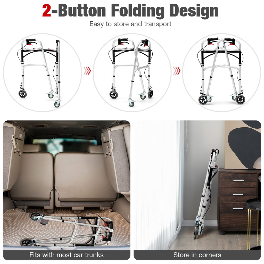 Andador de aluminio con altura ajustable, ruedas giratorias y frenos