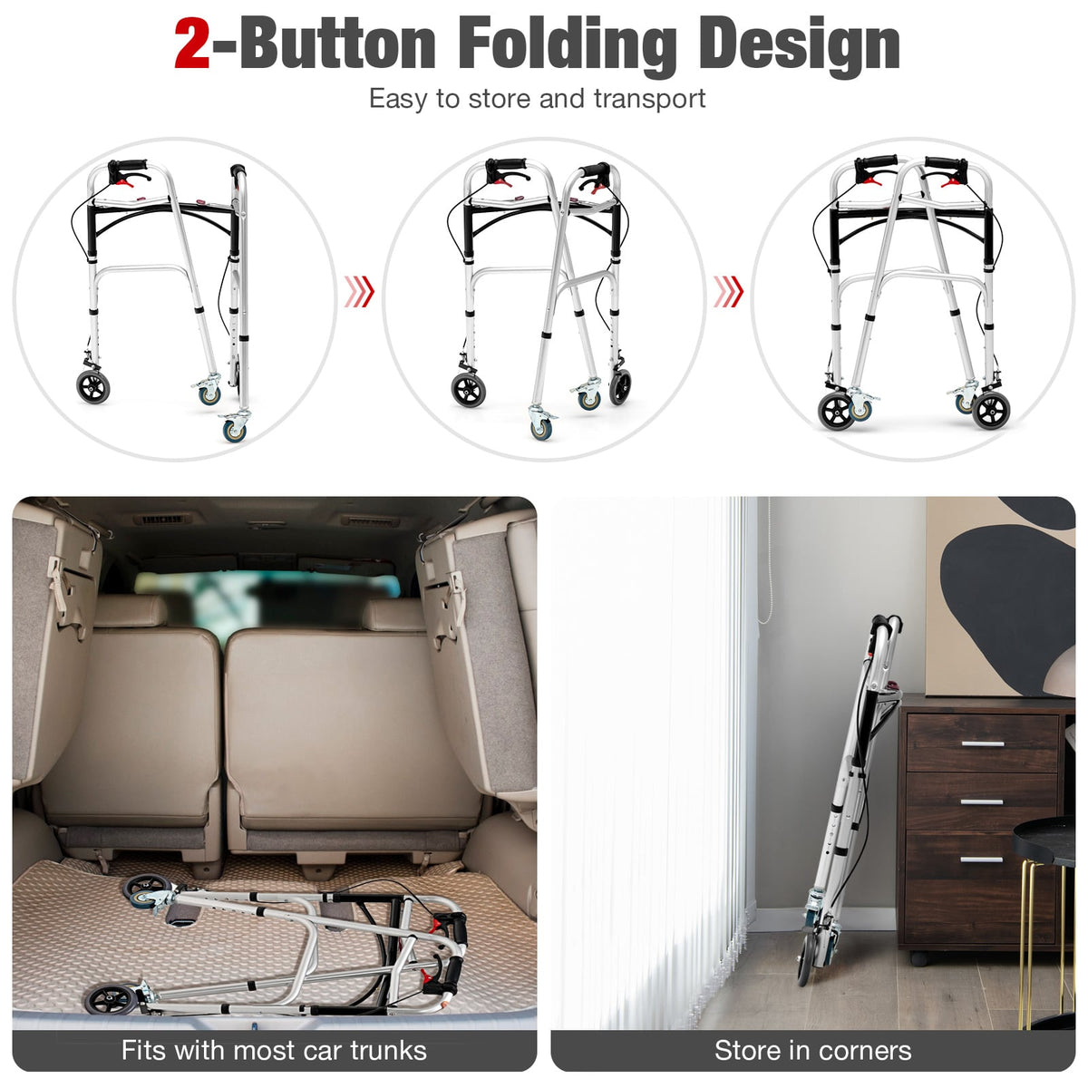 Andador de aluminio con altura ajustable, ruedas giratorias y frenos