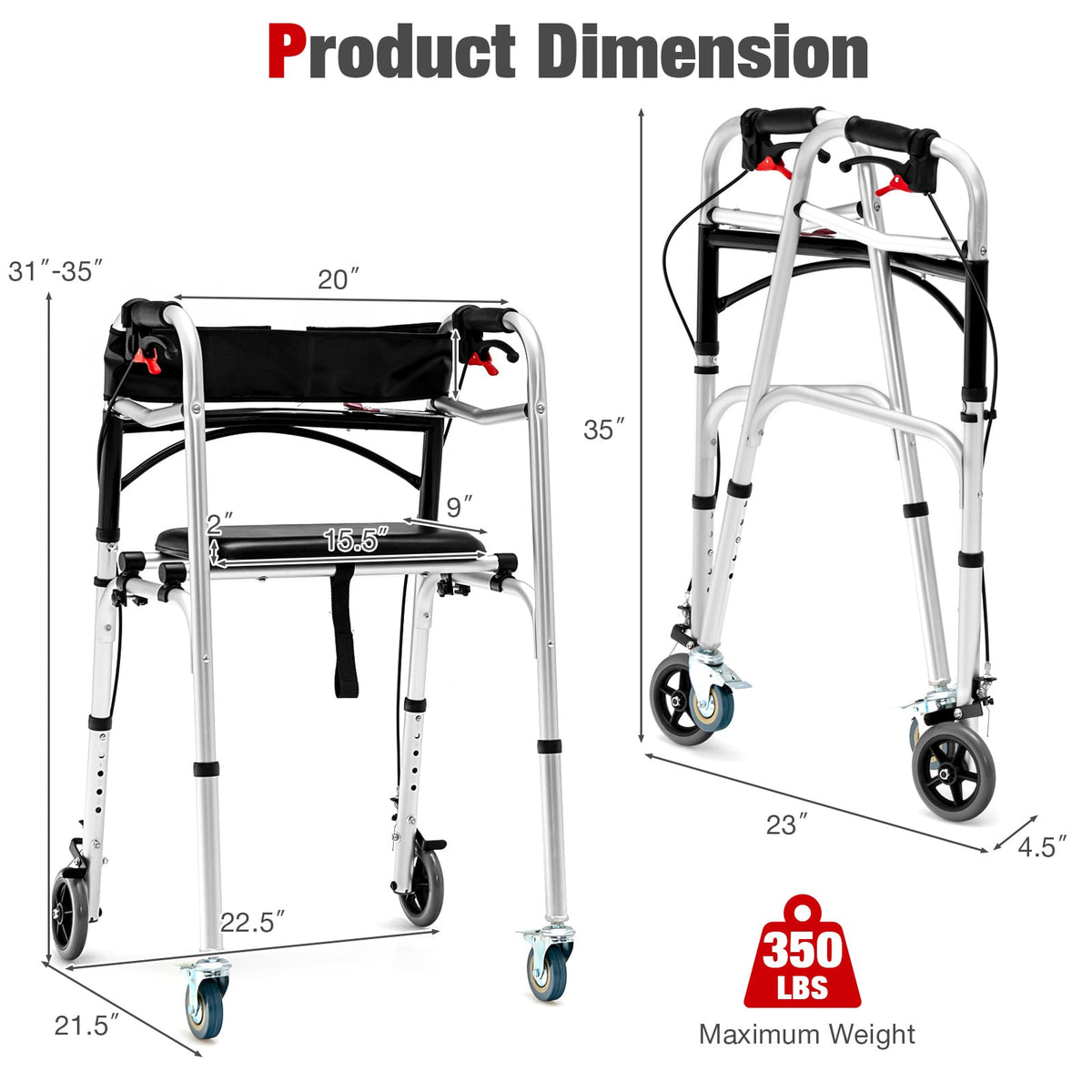 Andador de aluminio con altura ajustable, ruedas giratorias y frenos