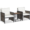 Juego de jardín de ratán de 3 piezas: 2 sillones trenzados con capacidad para 360 lb, cojines color blanco roto y mesa auxiliar con tablero macizo de acacia de 19 pulgadas