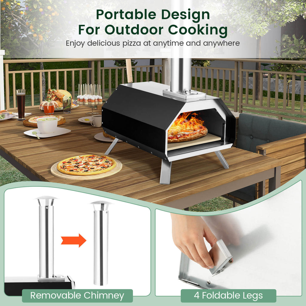 Four à pizza d'extérieur avec pierre à pizza et pieds pliables pour camping - Noir
