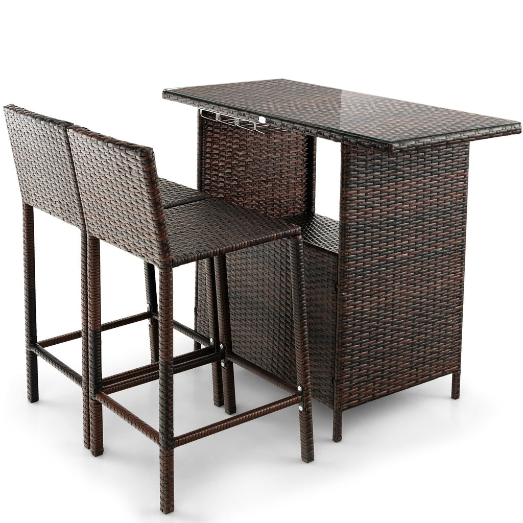 Ensemble de bar extérieur en osier 3 pièces avec porte-verres à pied à 3 rangées