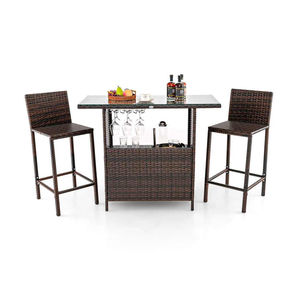 Ensemble de bar extérieur en osier 3 pièces avec porte-verres à pied à 3 rangées