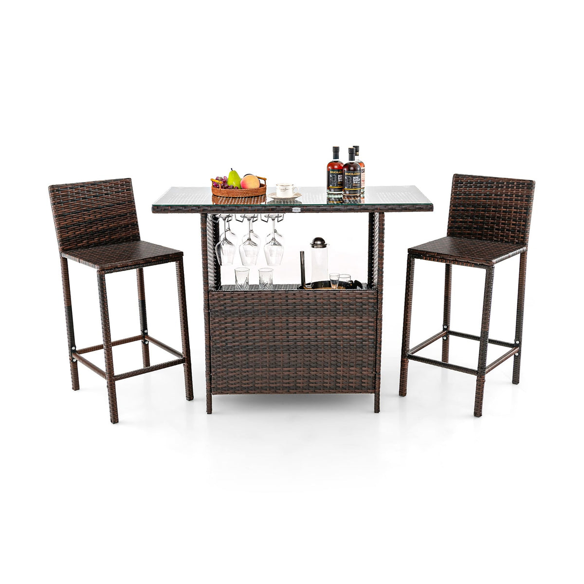 Ensemble de bar extérieur en osier 3 pièces avec porte-verres à pied à 3 rangées