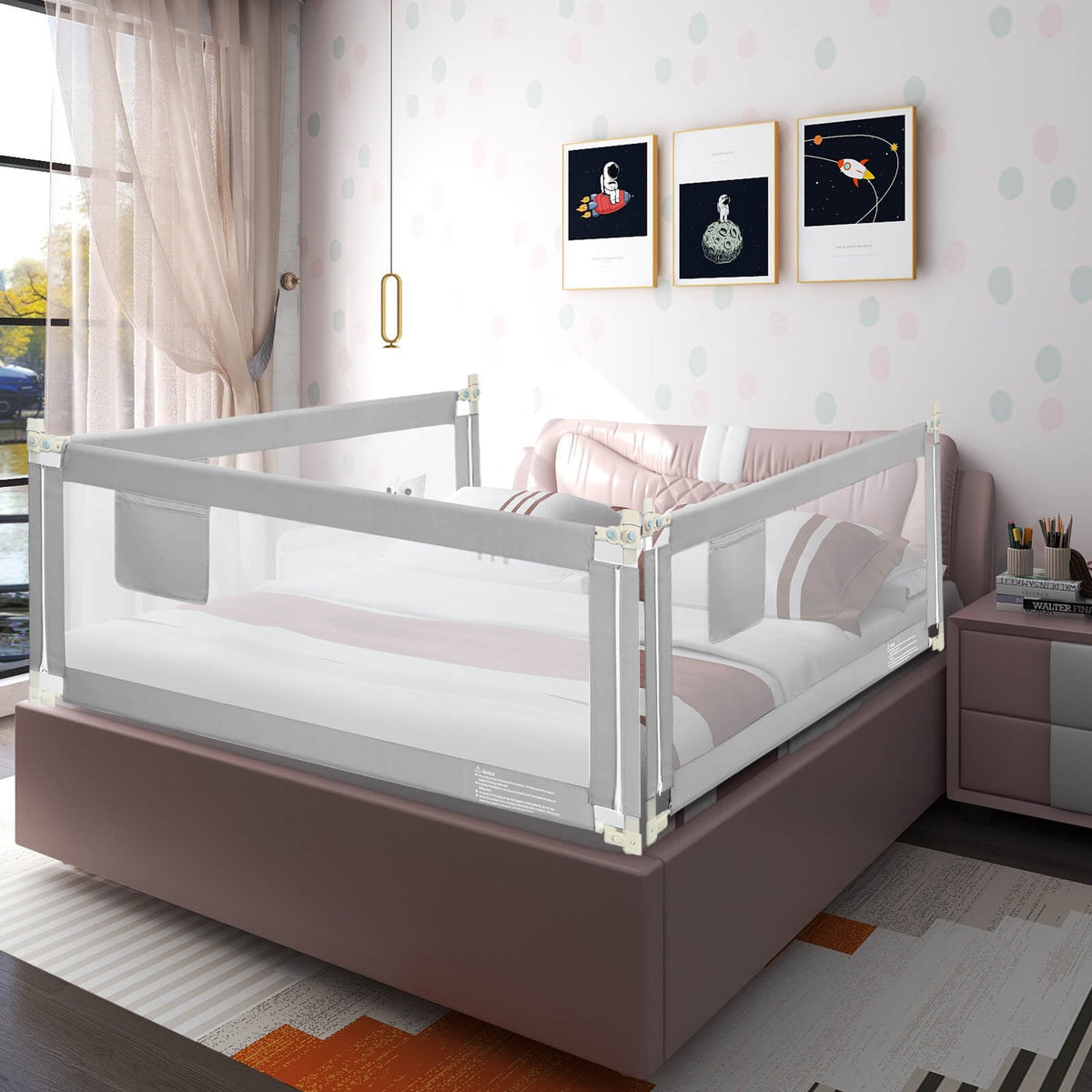 Barandilla para cama de bebé de 76.8 pulgadas con doble cierre de seguridad para niños - Gris