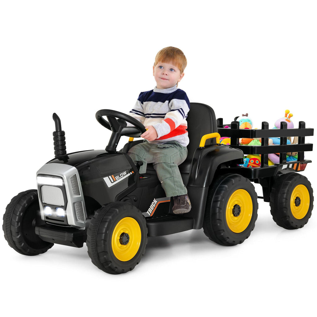 12V Kinder-Elektrotraktor mit abnehmbarem Anhänger, 3-Gang-Schaltung, 2,4-GHz-Fernbedienung und Soft-Start-Funktion, bis 30 kg, Schwarz