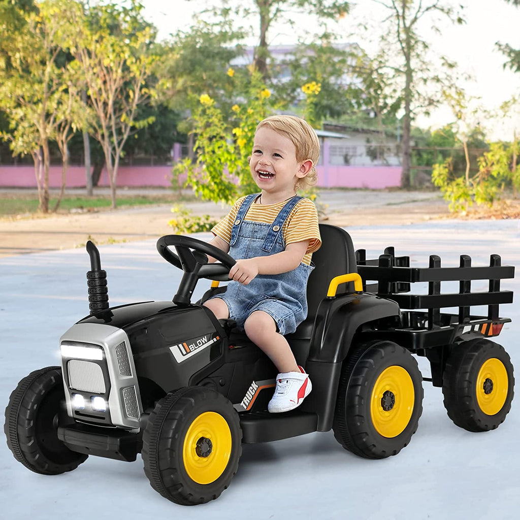 12V Kinder-Elektrotraktor mit abnehmbarem Anhänger, 3-Gang-Schaltung, 2,4-GHz-Fernbedienung und Soft-Start-Funktion, bis 30 kg, Schwarz