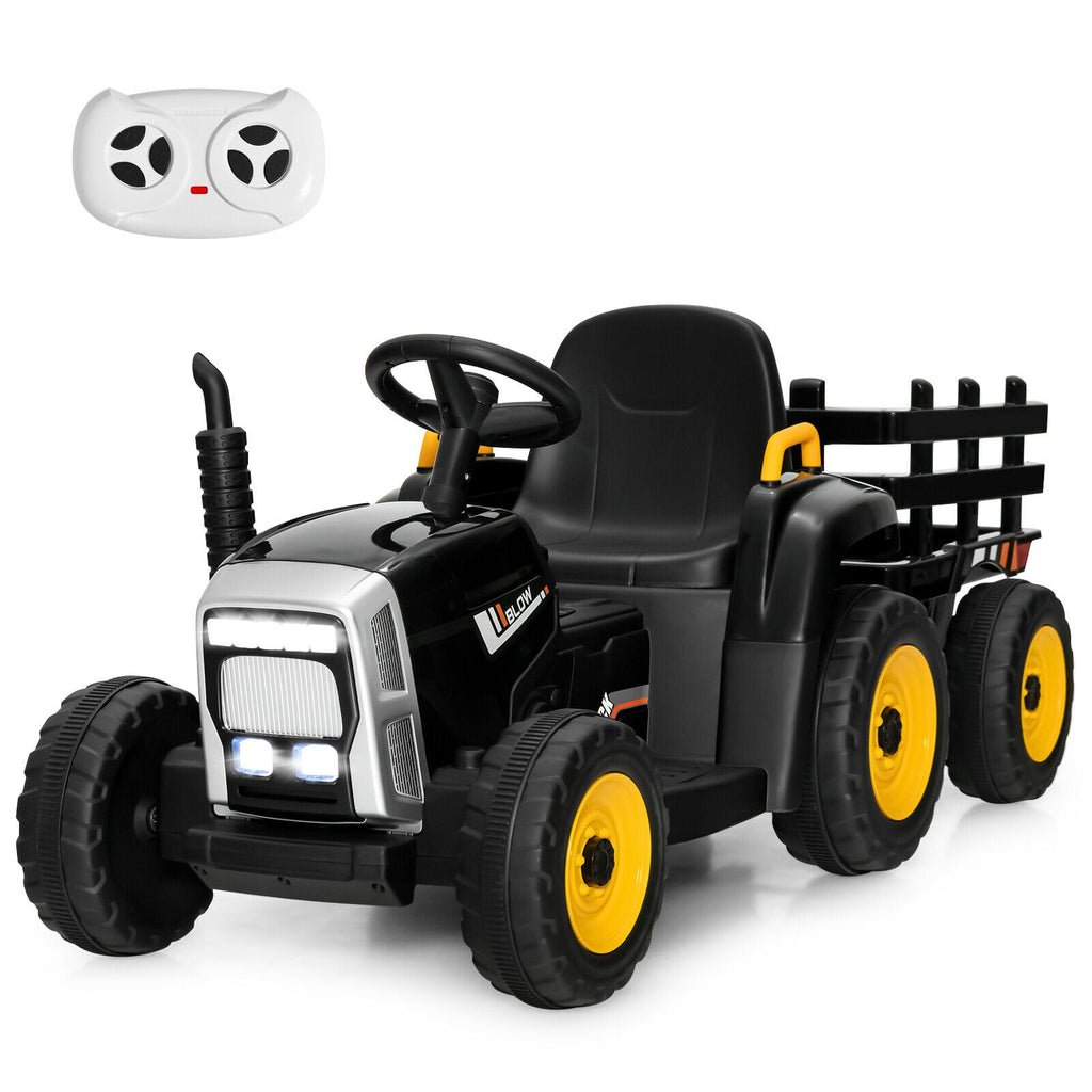 12V Kinder-Elektrotraktor mit abnehmbarem Anhänger, 3-Gang-Schaltung, 2,4-GHz-Fernbedienung und Soft-Start-Funktion, bis 30 kg, Schwarz