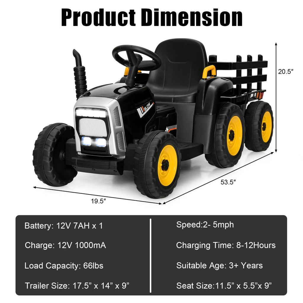 12V Kinder-Elektrotraktor mit abnehmbarem Anhänger, 3-Gang-Schaltung, 2,4-GHz-Fernbedienung und Soft-Start-Funktion, bis 30 kg, Schwarz