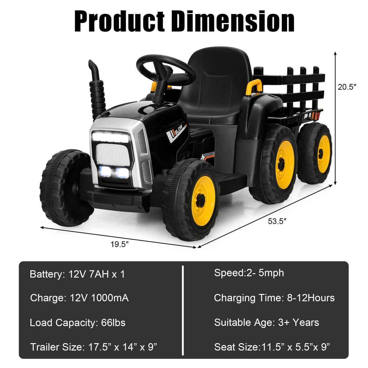 12V Kinder-Elektrotraktor mit abnehmbarem Anhänger, 3-Gang-Schaltung, 2,4-GHz-Fernbedienung und Soft-Start-Funktion, bis 30 kg, Schwarz