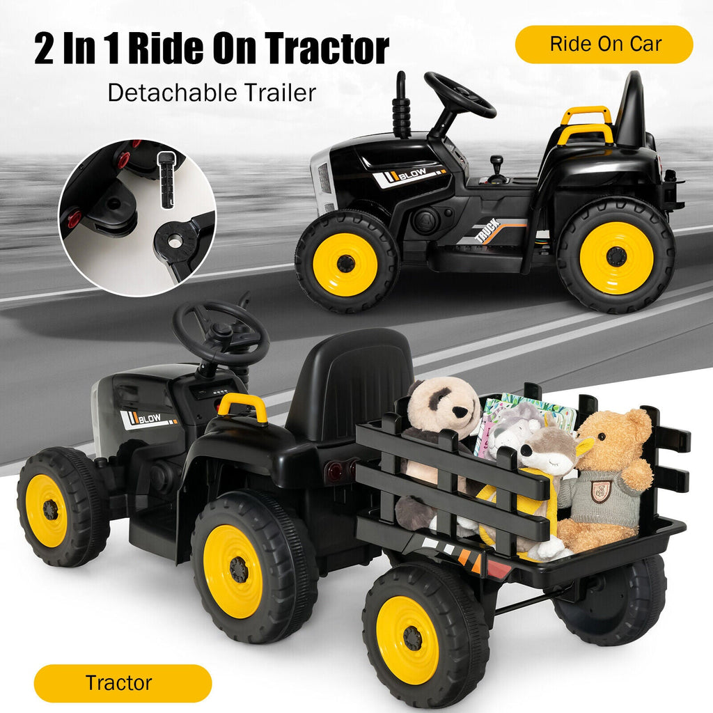 12V Kinder-Elektrotraktor mit abnehmbarem Anhänger, 3-Gang-Schaltung, 2,4-GHz-Fernbedienung und Soft-Start-Funktion, bis 30 kg, Schwarz