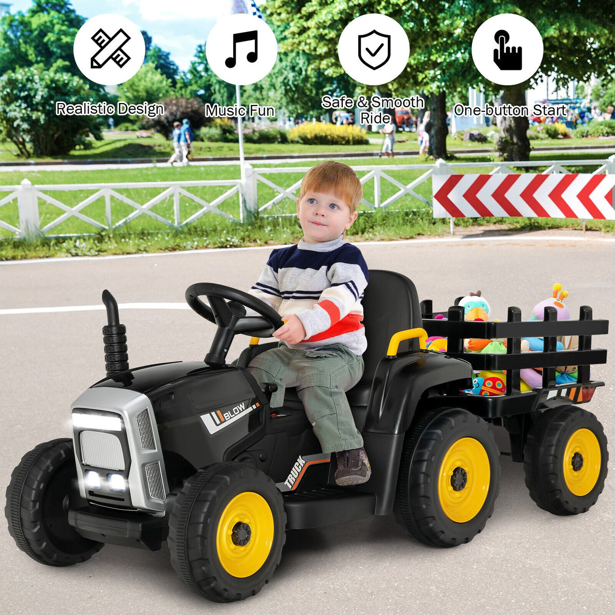 12V Kinder-Elektrotraktor mit abnehmbarem Anhänger, 3-Gang-Schaltung, 2,4-GHz-Fernbedienung und Soft-Start-Funktion, bis 30 kg, Schwarz