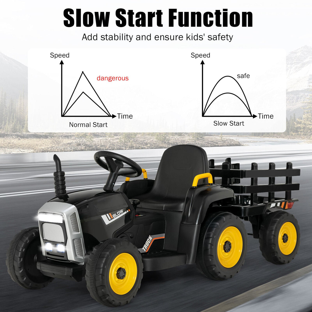 12V Kinder-Elektrotraktor mit abnehmbarem Anhänger, 3-Gang-Schaltung, 2,4-GHz-Fernbedienung und Soft-Start-Funktion, bis 30 kg, Schwarz