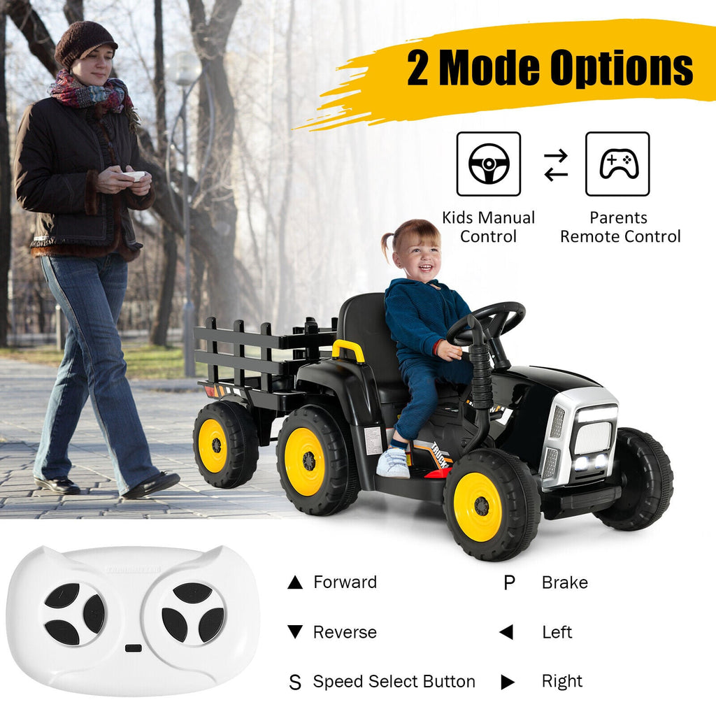 12V Kinder-Elektrotraktor mit abnehmbarem Anhänger, 3-Gang-Schaltung, 2,4-GHz-Fernbedienung und Soft-Start-Funktion, bis 30 kg, Schwarz