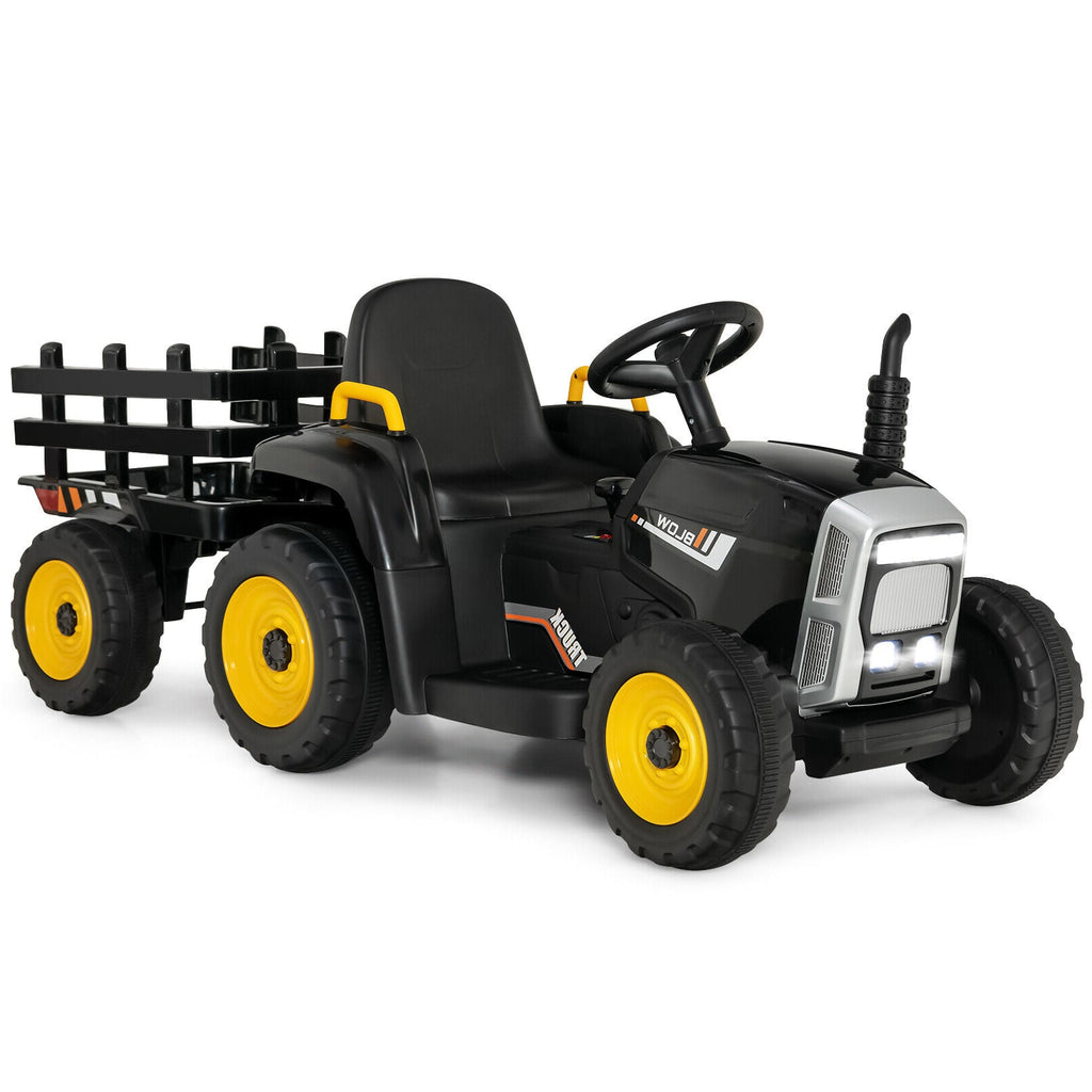 12V Kinder-Elektrotraktor mit abnehmbarem Anhänger, 3-Gang-Schaltung, 2,4-GHz-Fernbedienung und Soft-Start-Funktion, bis 30 kg, Schwarz