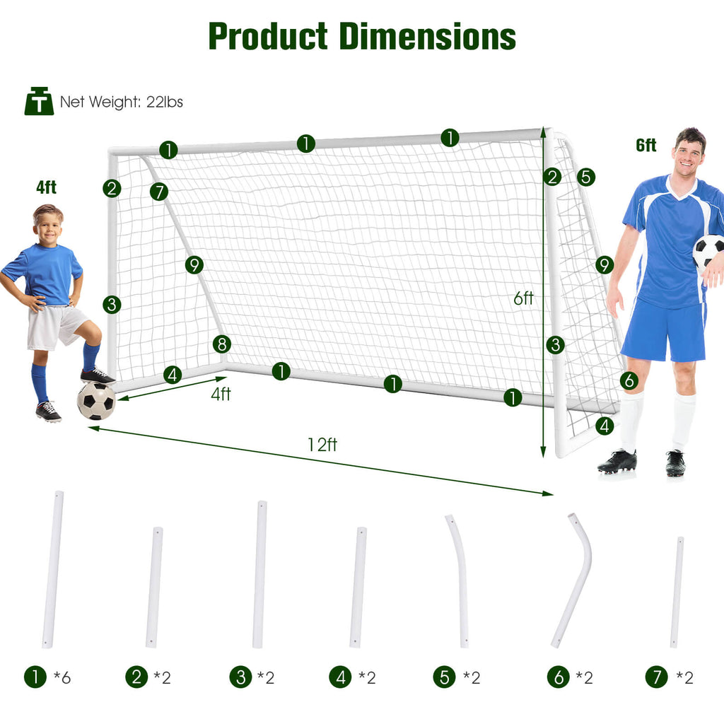 Cage de football 12 x 6 pieds avec cadre en PVC robuste et filet haute résistance