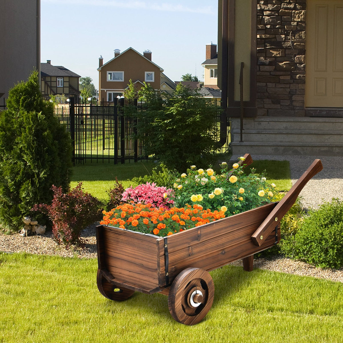Jardinière chariot en bois avec roues et poignées, charrette de jardin en sapin carbonisé de 32 pouces