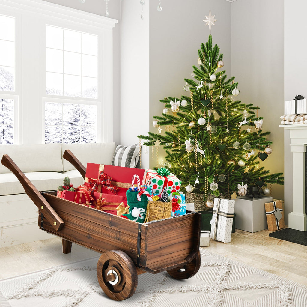 Jardinière chariot en bois avec roues et poignées, charrette de jardin en sapin carbonisé de 32 pouces
