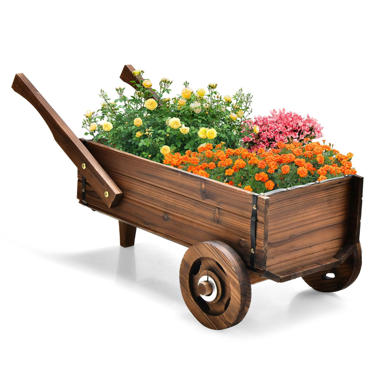 Jardinière chariot en bois avec roues et poignées, charrette de jardin en sapin carbonisé de 32 pouces