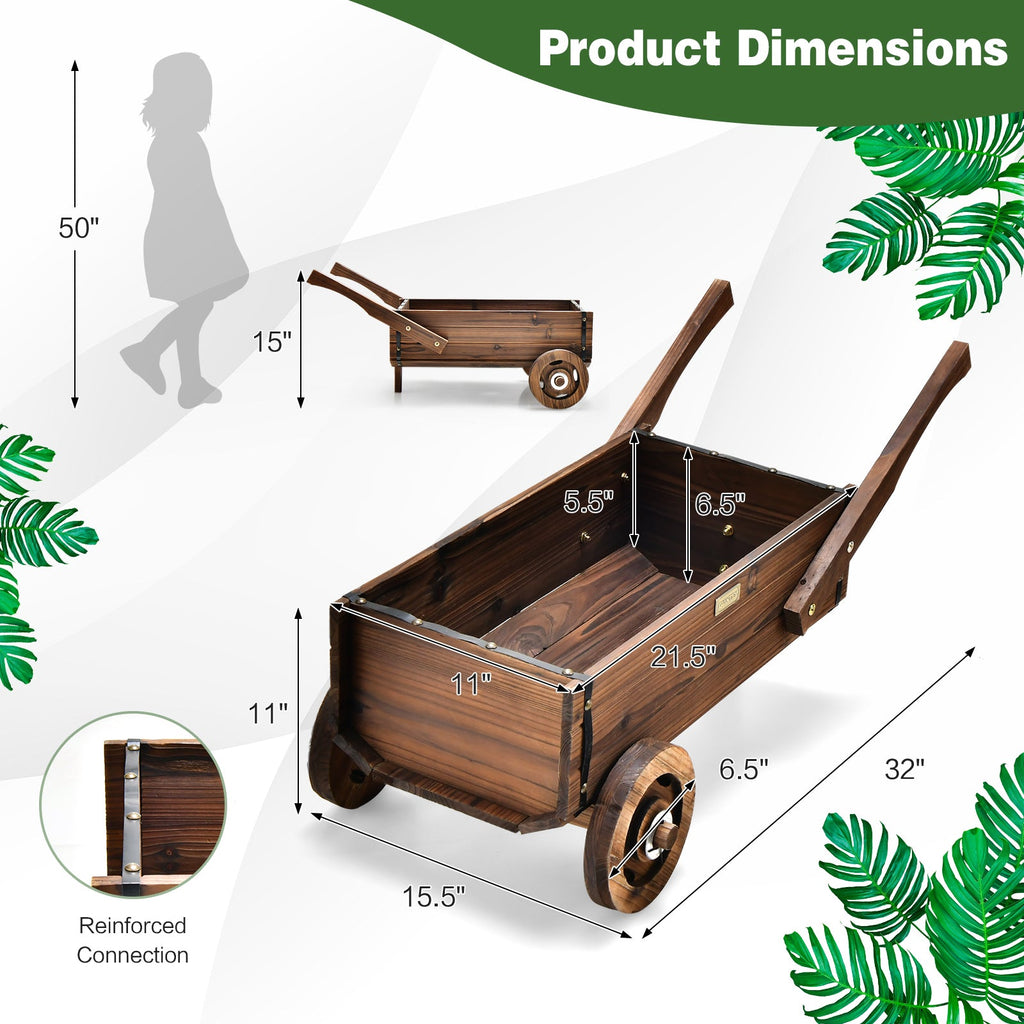 Jardinière chariot en bois avec roues et poignées, charrette de jardin en sapin carbonisé de 32 pouces