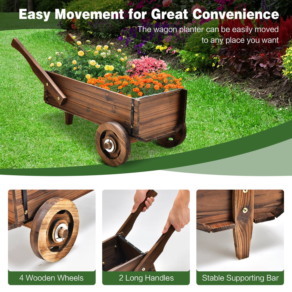 Jardinière chariot en bois avec roues et poignées, charrette de jardin en sapin carbonisé de 32 pouces