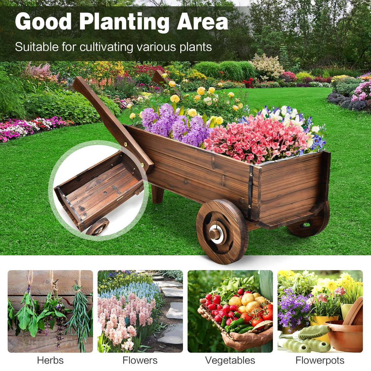 Jardinière chariot en bois avec roues et poignées, charrette de jardin en sapin carbonisé de 32 pouces