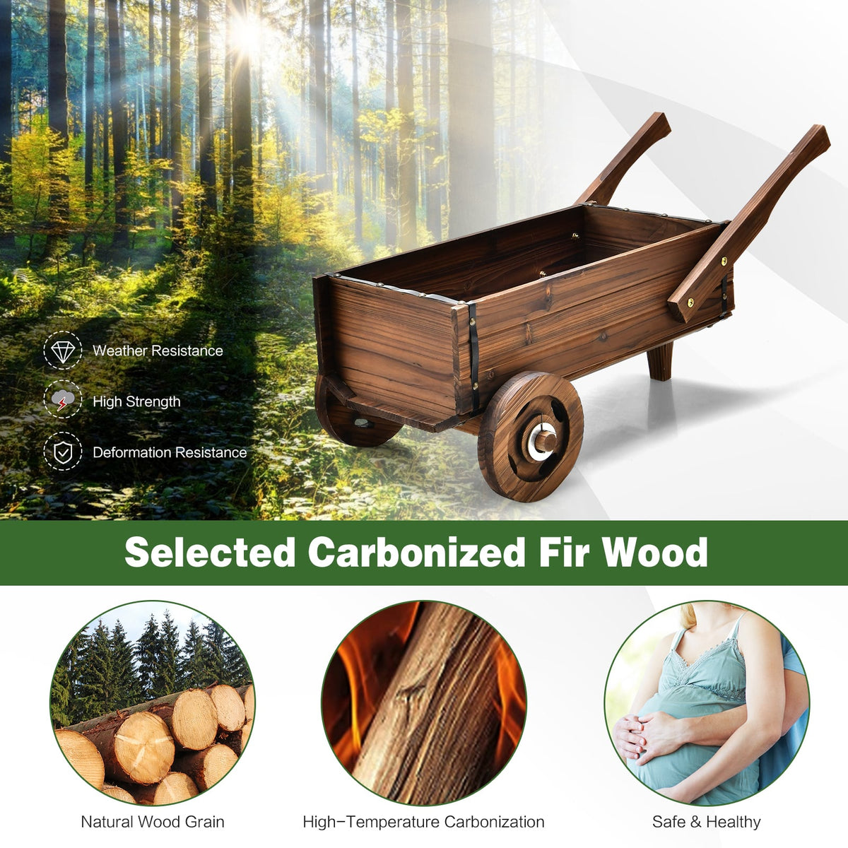 Jardinière chariot en bois avec roues et poignées, charrette de jardin en sapin carbonisé de 32 pouces