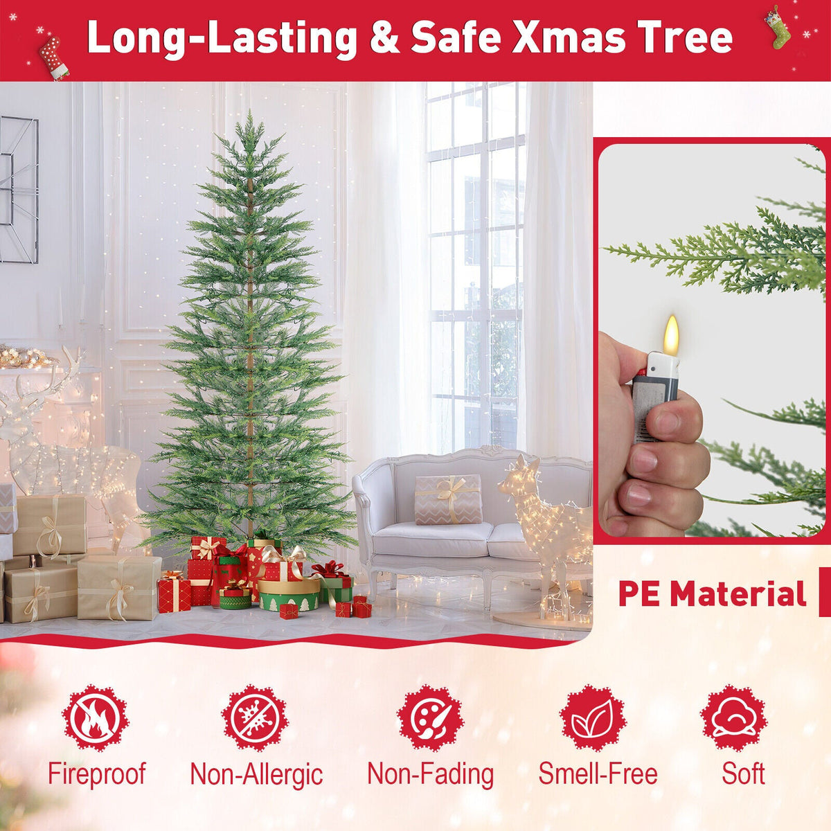 2,28 m künstlicher, vorbeleuchteter Zypressen-Weihnachtsbaum mit 612 PE-Spitzen und 540 versteckten warmweißen LEDs