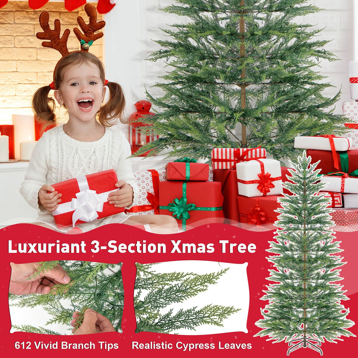 2,28 m künstlicher, vorbeleuchteter Zypressen-Weihnachtsbaum mit 612 PE-Spitzen und 540 versteckten warmweißen LEDs