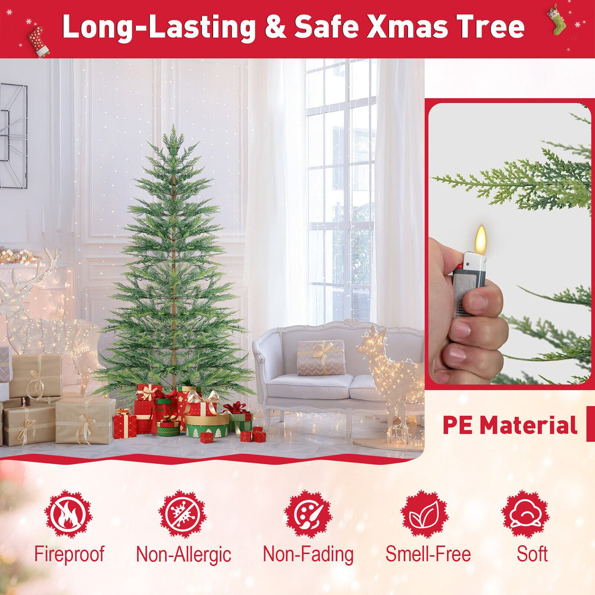 Sapin de Noël artificiel cyprès de 6,5 pi pré-éclairé avec 470 pointes en PE et 430 DEL blanc chaud dissimulées