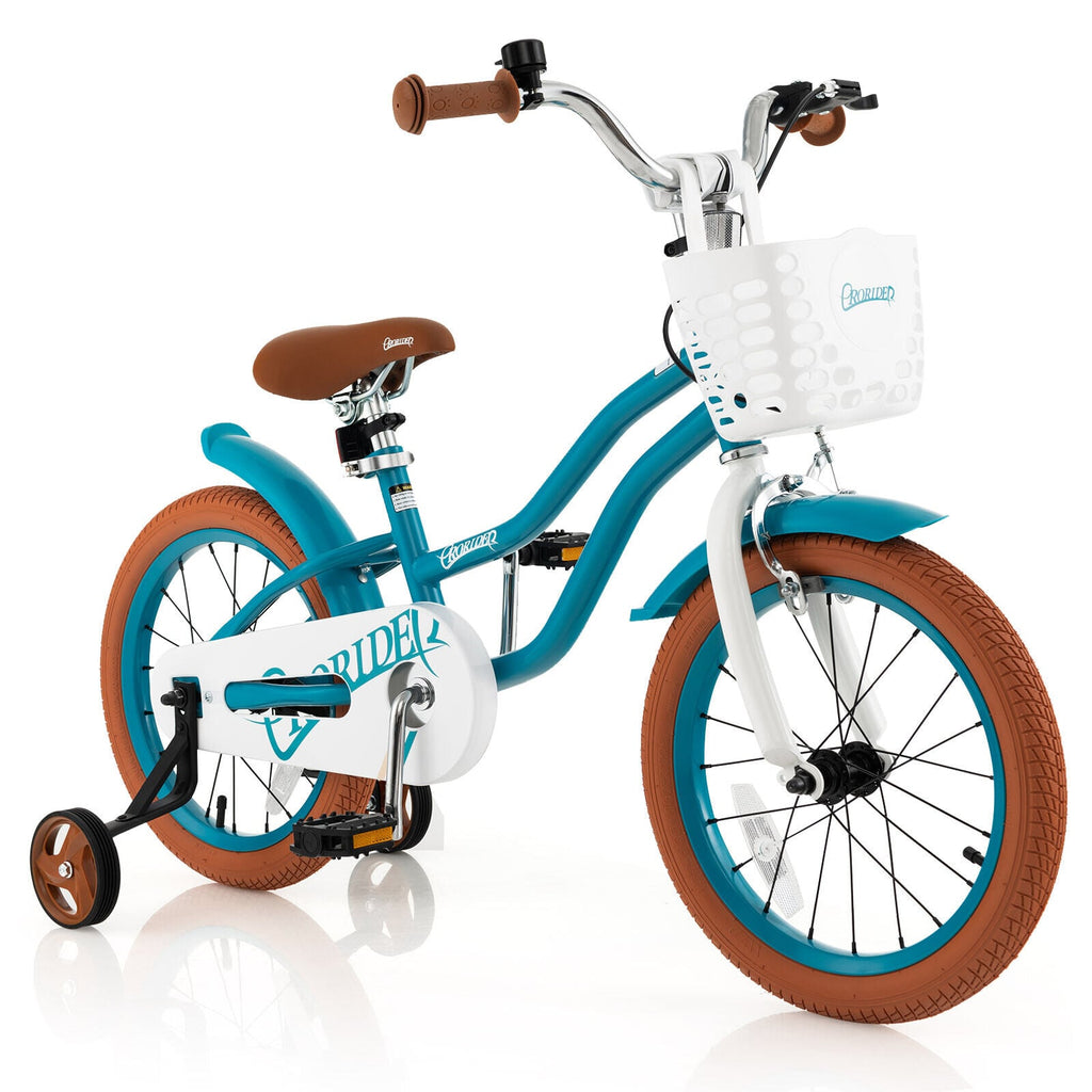 16-Zoll-Kinderfahrrad mit Vorderrhandbremse und 2 Stützrädern, Türkis