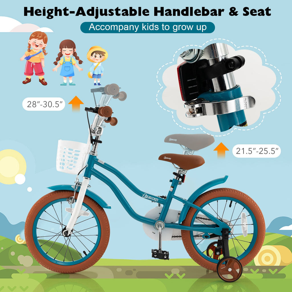 16-Zoll-Kinderfahrrad mit Vorderrhandbremse und 2 Stützrädern, Türkis