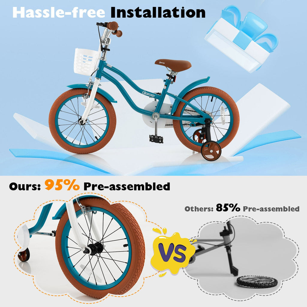 16-Zoll-Kinderfahrrad mit Vorderrhandbremse und 2 Stützrädern, Türkis