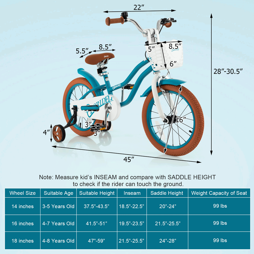 16-Zoll-Kinderfahrrad mit Vorderrhandbremse und 2 Stützrädern, Türkis