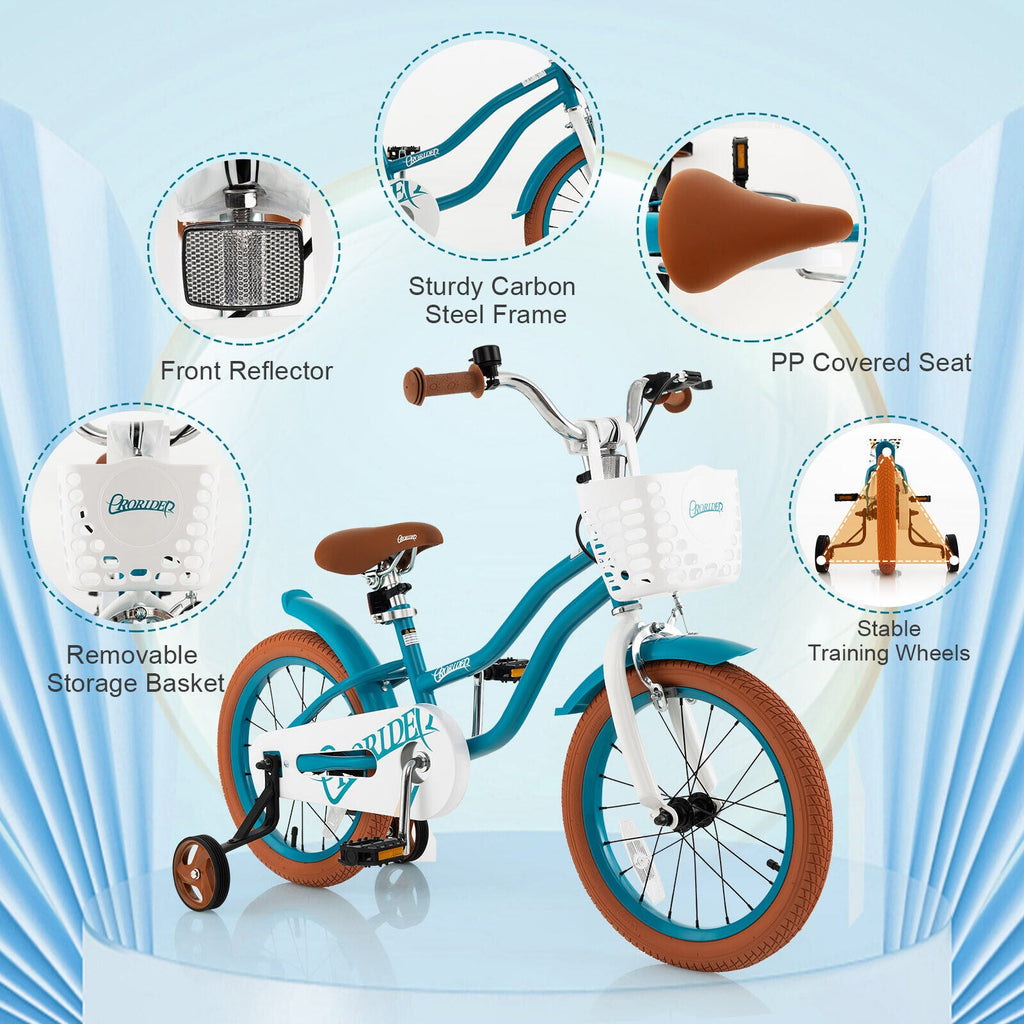 16-Zoll-Kinderfahrrad mit Vorderrhandbremse und 2 Stützrädern, Türkis