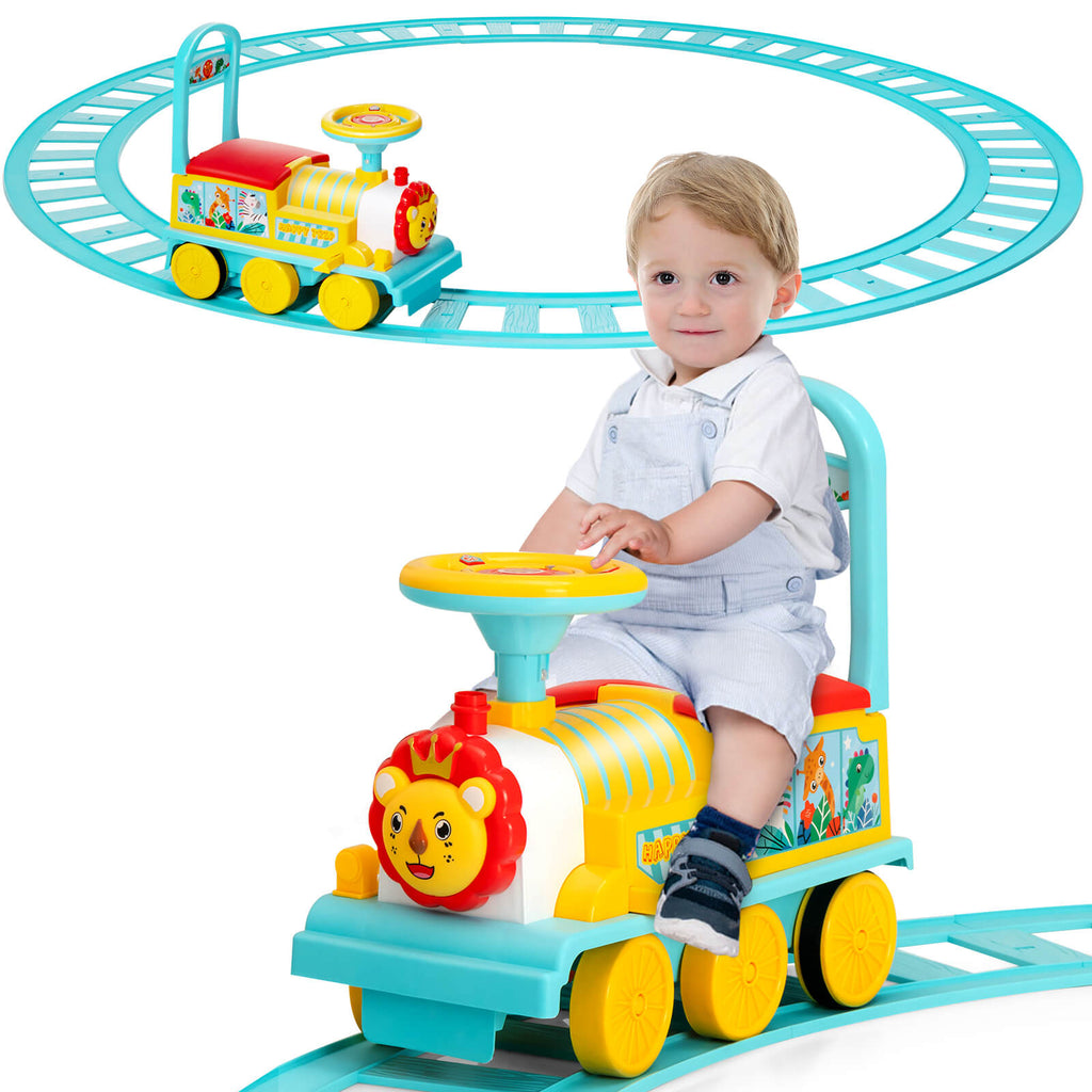 6V Kinder-Elektroauto-Spielzeugzug mit 16 Gleisstücken, 7,2 ft Kreis und verstecktem Aufbewahrungskasten, Blau
