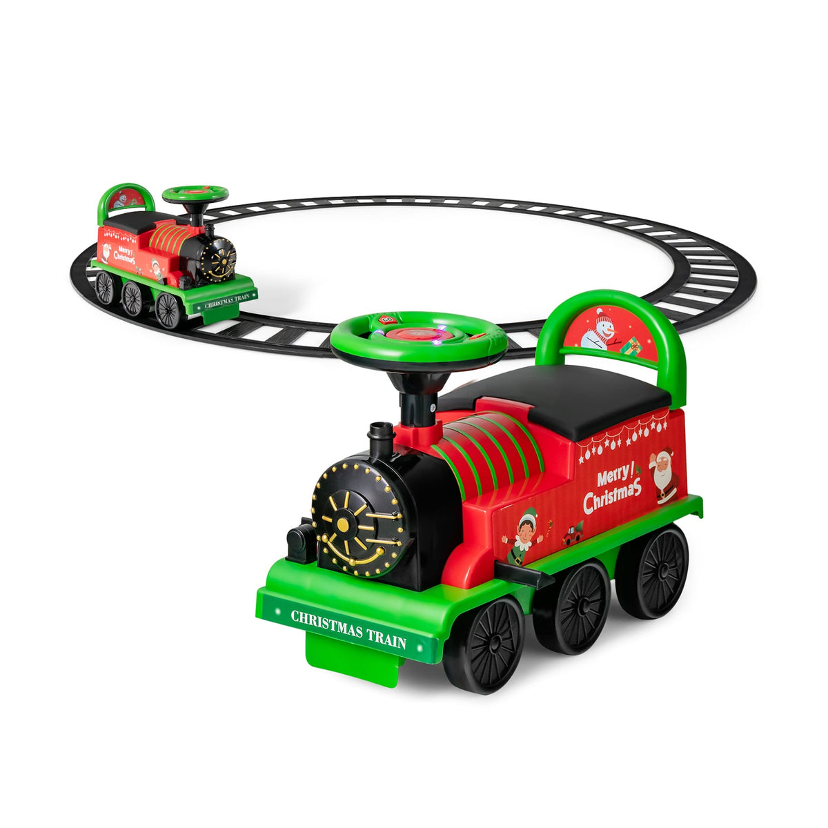 Tren de Navidad para niños de 6 V con 16 piezas de vía, silbato y dispositivo antivuelco, verde