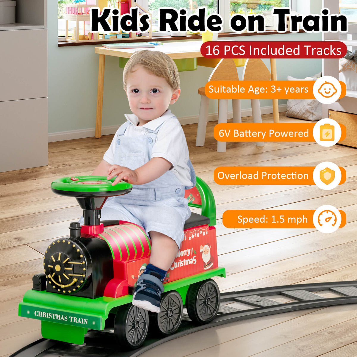 Tren de Navidad para niños de 6 V con 16 piezas de vía, silbato y dispositivo antivuelco, verde