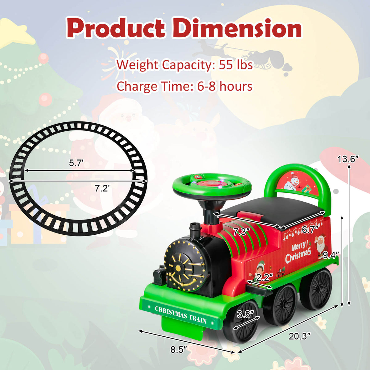 Tren de Navidad para niños de 6 V con 16 piezas de vía, silbato y dispositivo antivuelco, verde
