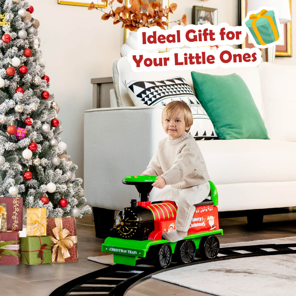 Tren de Navidad para niños de 6 V con 16 piezas de vía, silbato y dispositivo antivuelco, verde
