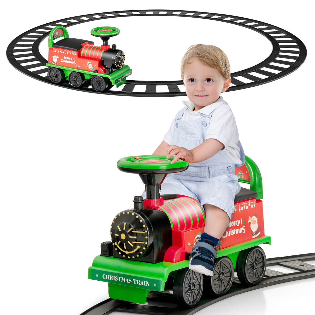 Tren de Navidad para niños de 6 V con 16 piezas de vía, silbato y dispositivo antivuelco, verde