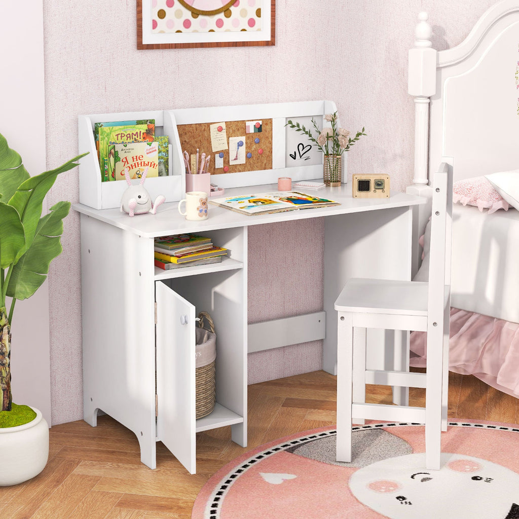 Bureau et chaise d'étude en bois pour enfants avec armoire de rangement et tableau d'affichage – Blanc