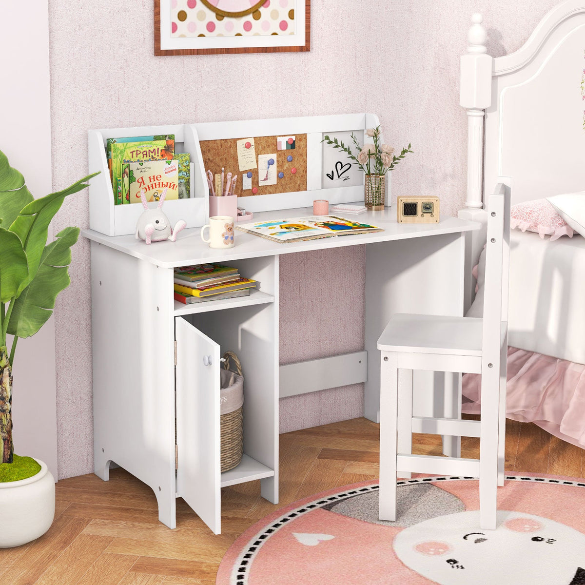 Bureau et chaise d'étude en bois pour enfants avec armoire de rangement et tableau d'affichage – Blanc
