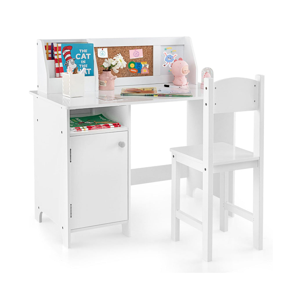Bureau et chaise d'étude en bois pour enfants avec armoire de rangement et tableau d'affichage – Blanc